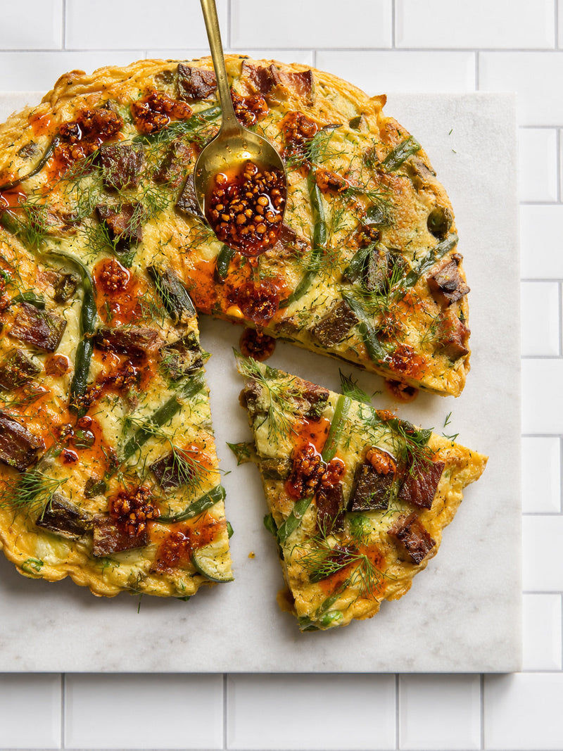 Asparagus, Cremini, Fingerling & Leek Frittata with Sobelini Pizza Crunch